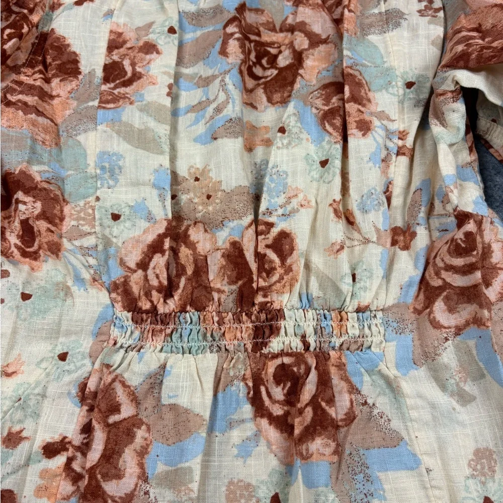 Free People I Found You Printed Top Boho Floral Puff Sleeve Blouse Cream size xs